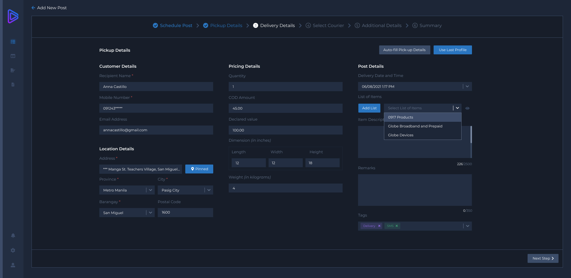Legacy Deliveries PH interface — screen 3
