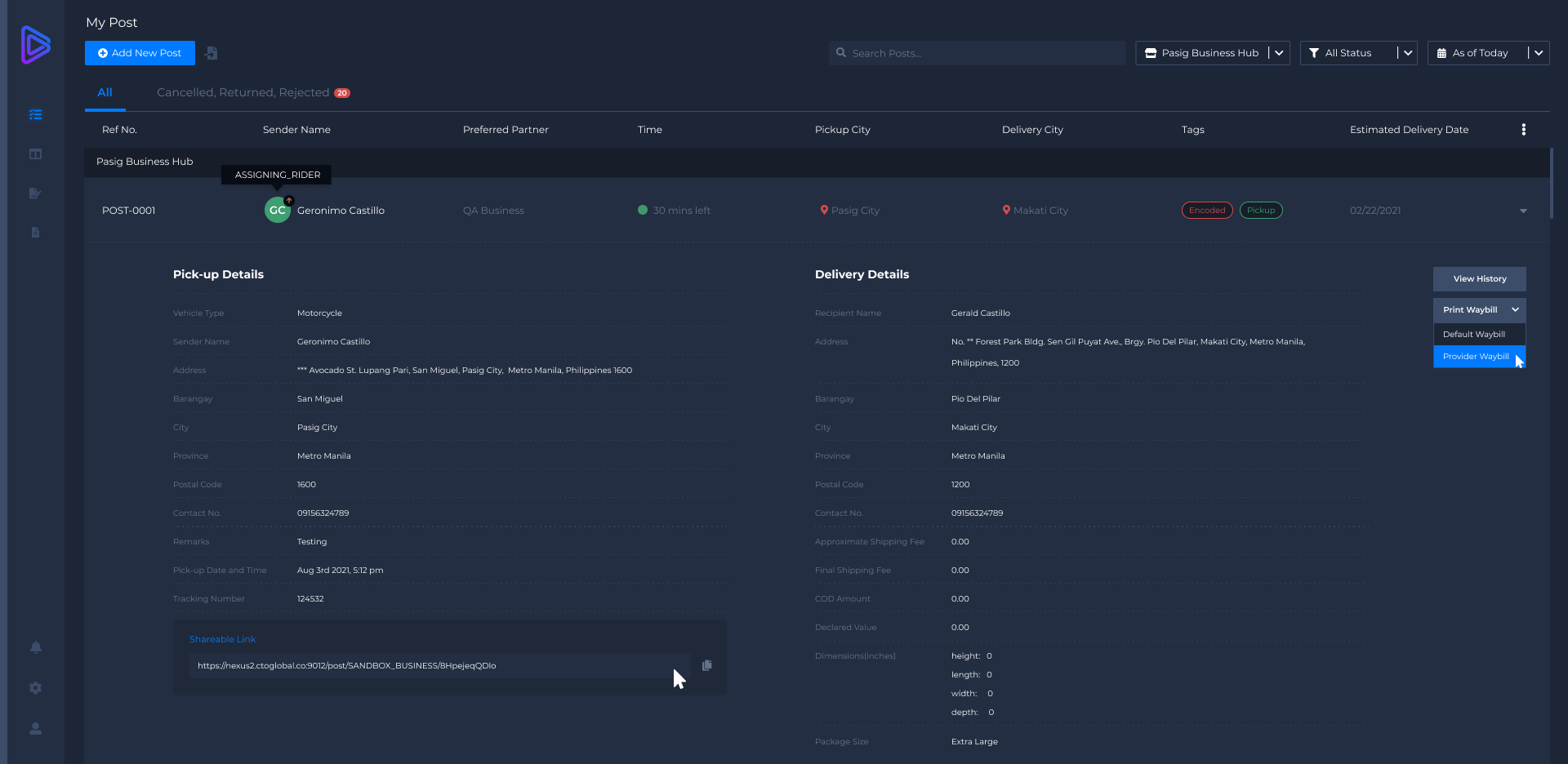 Legacy Deliveries PH interface — screen 7